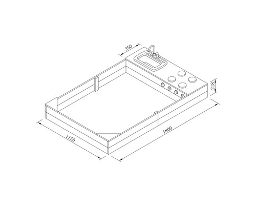 Technische Zeichnung einer Spielküche mit Spüle und Kochfeld mit den Maßen 1800 x 1150 x 350 x 218 Millimeter.