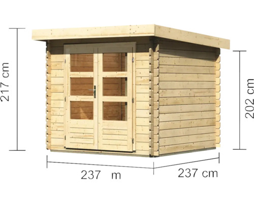 Abbildung eines Gartenhauses aus Holz mit den Maßen 237 cm Breite, 237 cm Tiefe und 217 cm Höhe.