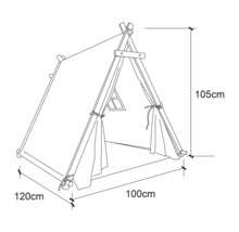 Illustration eines Kinderspielzelts mit den Maßen 120 cm x 100 cm x 105 cm.