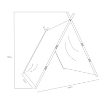 Abmessungen eines Spielzelts mit einer Höhe von 107 cm, einer Breite von 106 cm und einer Tiefe von 123 cm.