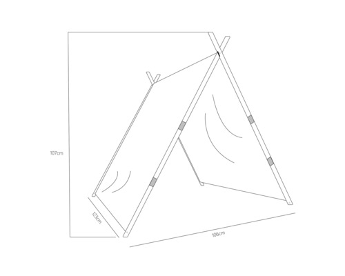 Abmessungen eines Spielzelts mit einer Höhe von 107 cm, einer Breite von 106 cm und einer Tiefe von 123 cm.