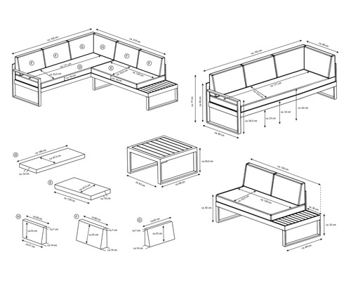 Maße einer modularen Loungegruppe und eines Couchtisches als technische Zeichnung