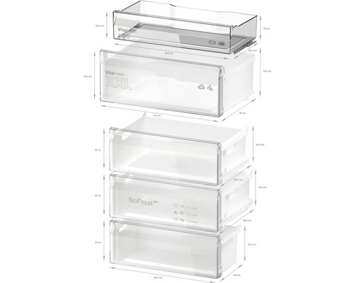 Explosionsansicht von vier transparenten Kühlschrank Schubladen mit Maßangaben.