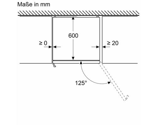 Maße einer Dunstabzugshaube mit den Angaben 600 mm Höhe und 125 Grad Öffnungswinkel