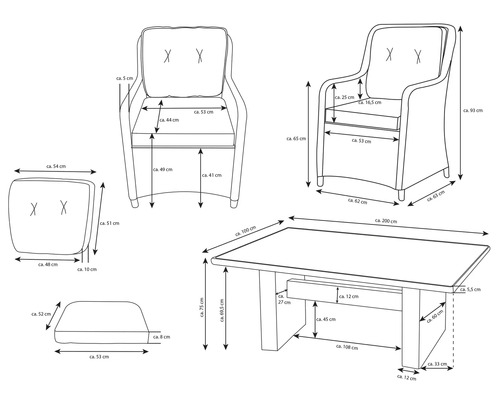 Skizze einer Loungegruppe mit Maßen