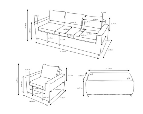 Skizze eines Sofas, eines Sessels und einer Bank mit Maßangaben