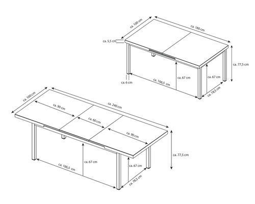 Technische Zeichnung eines ausziehbaren Gartentisches mit Maßangaben