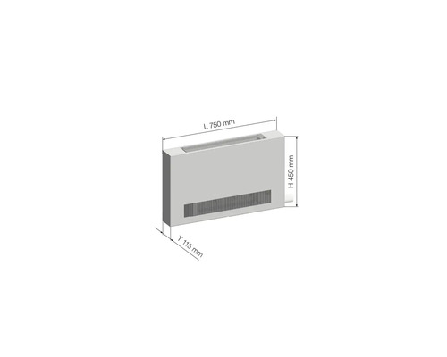 Abmessungen eines Heizkörpers: 750 mm Länge, 450 mm Höhe, 115 mm Tiefe