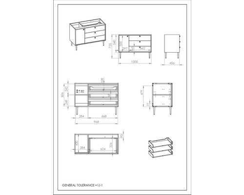 Technische Zeichnung eines Waschtischunterschranks mit Maßen