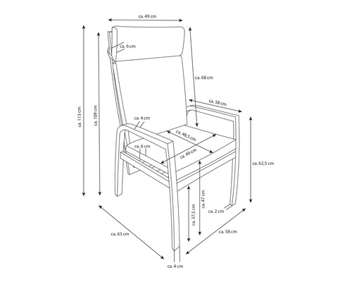 Technische Zeichnung eines Stuhls mit Maßangaben
