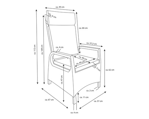 Technische Zeichnung eines Gartenstuhls mit Maßangaben