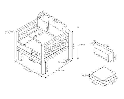 Zeichnung eines Sessels mit Maßangaben