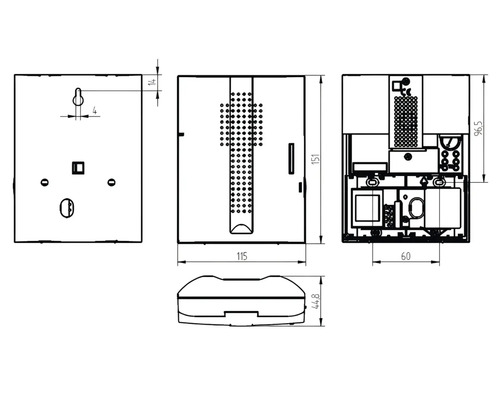 Technische Zeichnung eines Feuchtraumverteilers mit Maßangaben