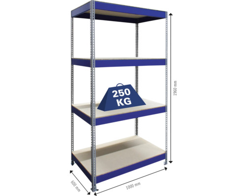 Regal mit vier Ebenen, Abmessungen 1960 mal 1000 mal 600 Millimeter und Gewichtsangabe 250 Kilogramm