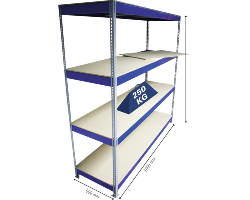 Metallregal mit vier Ablagen, Abmessungen 600 mm x 2000 mm, Traglast 250 kg