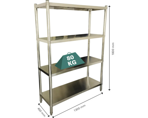 Edelstahlregal mit vier Ebenen und den Maßen 1800 mm Höhe, 1300 mm Breite und 450 mm Tiefe