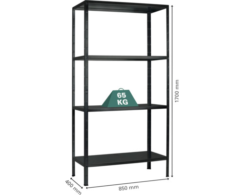 Metallregal mit vier Ebenen und Gewichtsangabe