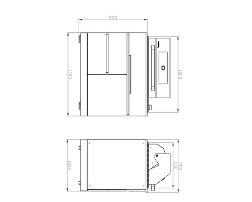 Technische Zeichnung einer Heizungsanlage mit Maßangaben.