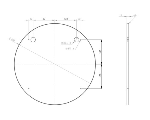 Technische Zeichnung einer runden Platte mit Maßangaben