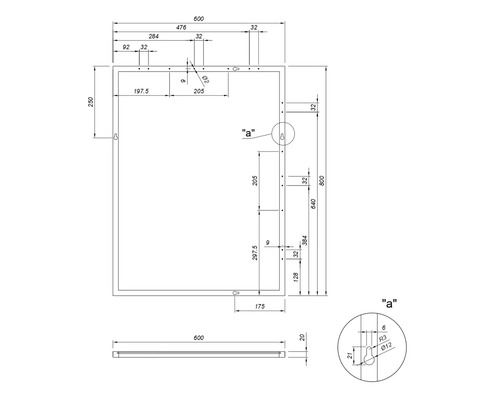 Technische Zeichnung eines Spiegels mit Maßangaben