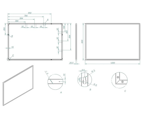 Technische Zeichnung einer rechteckigen Platte mit Maßangaben