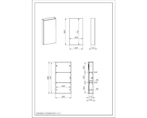 Technische Zeichnung eines Spiegelschrankes mit Maßangaben