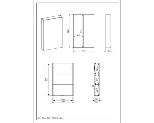 Technische Zeichnung eines Spiegelschrankes mit Maßangaben