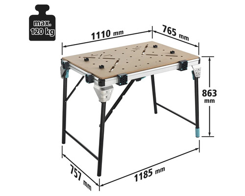 Werkbank mit den Maßen 1110 mm x 765 mm, Höhe 863 mm, maximale Belastbarkeit 120 kg