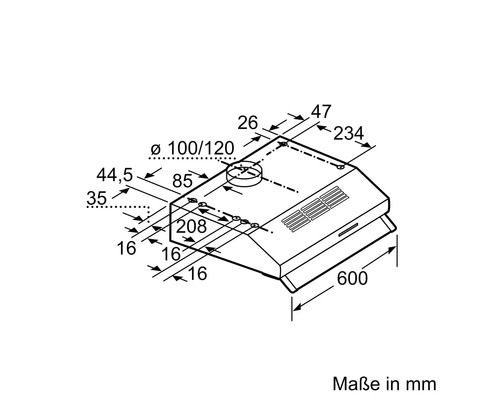 Maßzeichnung einer Dunstabzugshaube mit Angaben in Millimetern