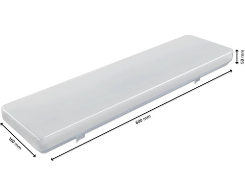 Rechteckige LED-Feuchtraumleuchte mit den Maßen 600 mm x 160 mm x 50 mm.
