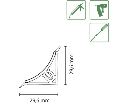 Profilleiste mit den Maßen 29,6 mal 29,6 Millimeter und Symbolen zur Montage