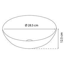 Skizze einer Waschbecken-Größe von 28,5 cm Durchmesser und 12,5 cm Höhe