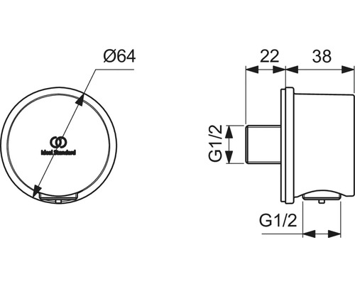 Technische Zeichnung eines Ideal Standard Siphonanschlusses mit Maßangaben