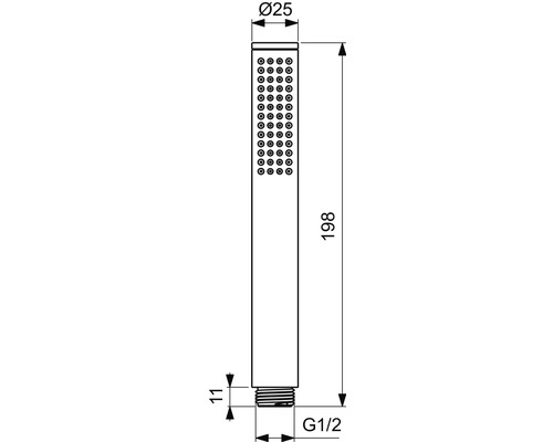 Technische Zeichnung einer Handbrause mit Maßangaben