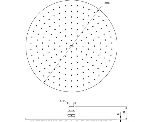 Technische Zeichnung eines Duschkopfes mit Maßangaben