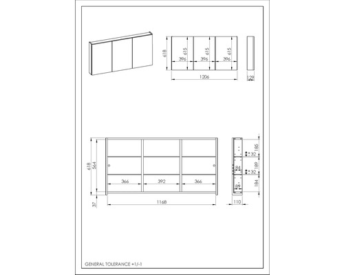 Technische Zeichnung eines Spiegelschranks mit Maßen
