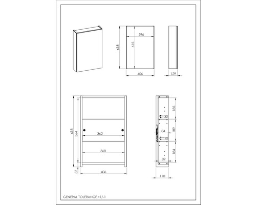 Technische Zeichnung eines Bad Spiegelschrank mit Abmessungen