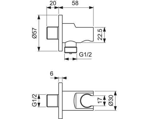 Technische Zeichnung einer Duschhalterung mit Maßangaben.