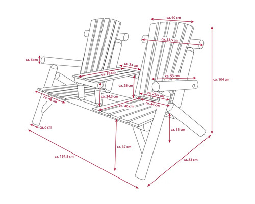 Skizze einer Doppelsitzbank aus Holz mit Maßangaben