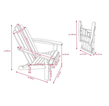 Abbildung mit Maßen eines Adirondack Stuhls aus Holz, sowohl aufgebaut als auch zusammengeklappt.