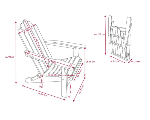 Technische Zeichnung eines Adirondack Stuhls mit Maßangaben