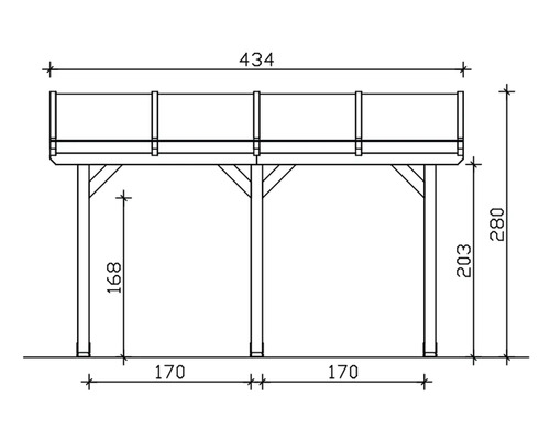 Technische Zeichnung eines Holzpavillons mit Maßen.