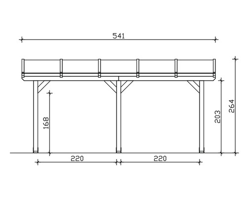 Technische Zeichnung einer Holzpergola mit Maßangaben