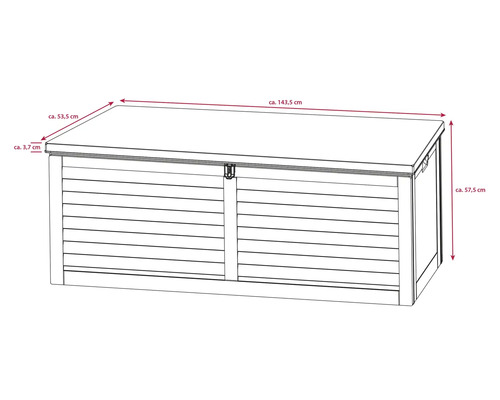 Abbildung einer Gartenbox mit Maßangaben zu Länge, Breite und Höhe