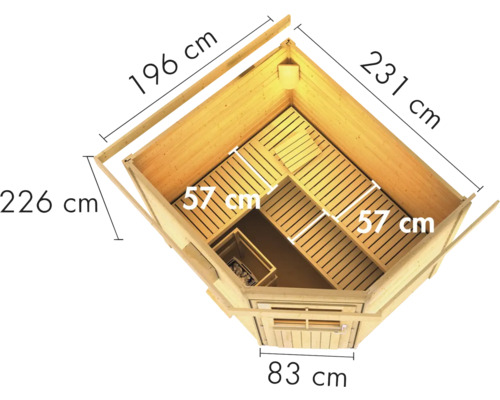 Draufsicht der Sauna mit den Maßen 196 cm, 231 cm, 226 cm, 57 cm und 83 cm
