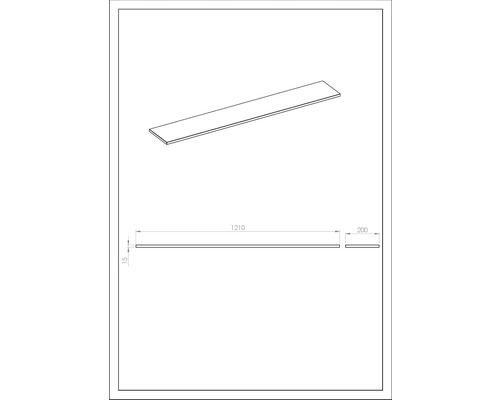 Technische Zeichnung einer Arbeitsplatte mit den Maßen 1210 x 200 x 15 Millimeter.
