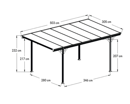 Illustration einer Terrassenüberdachung mit Maßangaben