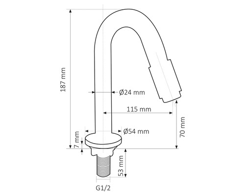 Maßzeichnung Armatur mit den Maßen 187 mm Höhe, 24 mm Durchmesser, 54 mm Durchmesser, 115 mm Länge, 70 mm Länge, 7 mm Höhe und 53 mm Länge sowie G1/2 Anschluss
