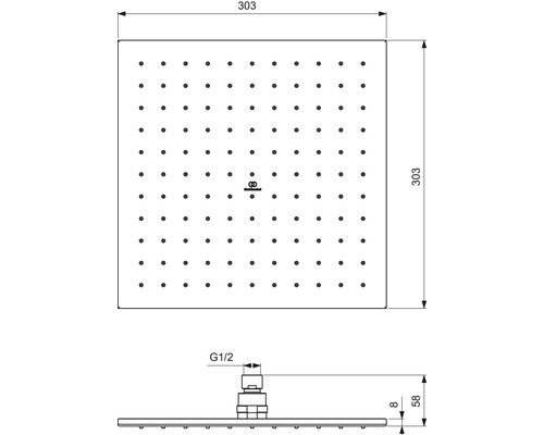 Technische Zeichnung eines Duschkopfes mit den Maßen 303 x 303 Millimeter und einem G 1/2 Anschluss.