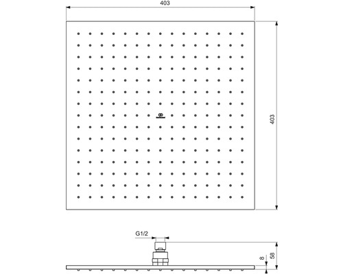 Technische Zeichnung eines Duschkopfes mit Maßangaben